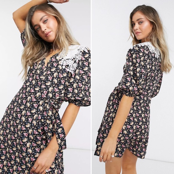 ASOS Design Wrap Front Mini Dress with Crochet Collar in playful floral Sz 2 - Picture 1 of 12
